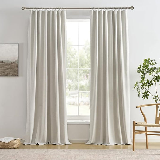 2 PCs Extra Wide Linen Blackout Curtains 102 Inches Long,Back Tab Pleaetd Drapes with Hooks Track System Curtain Panels Room Divider Curtains for Patio Sliding Door Living Room 70 x 102 Natural Birch