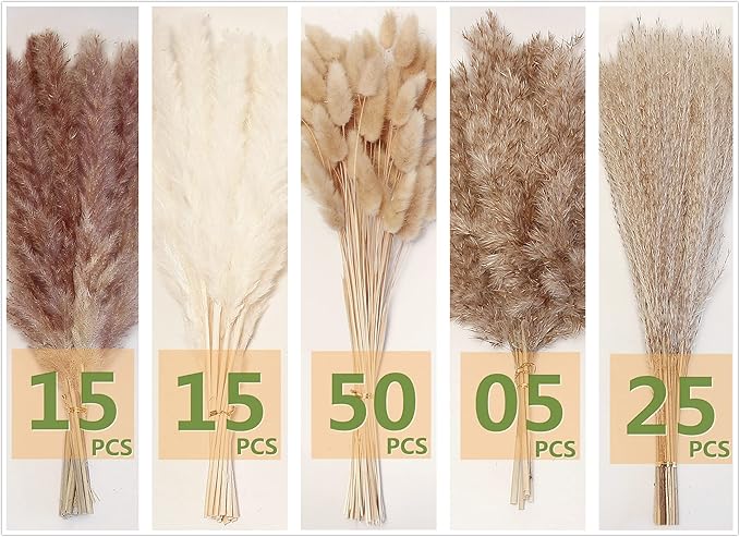 Natural Dried Pampas Grass Decor, 110 PCS Pampas Grass Contains White Bunny Tails Dried Flowers, Artificial Flowers for Bathroom Decor, Bathroom Wall Decor, Office Decor and Baby Shower Decorations