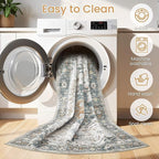Washable Area Rugs for Living Room - 5x7 Neutral Vintage Distressed Floral Farmhouse Boho Large Soft Floor Rug Indoor Non Slip Carpet for Living Room Bedroom Dining Room Office - Green/Grey