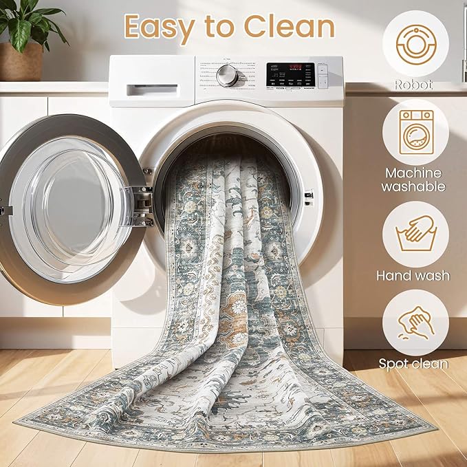 Washable Area Rugs for Living Room - 7x9 Neutral Vintage Distressed Floral Farmhouse Boho Large Soft Floor Rug Indoor Non Slip Carpet for Living Room Bedroom Dining Room Office - Green/Grey