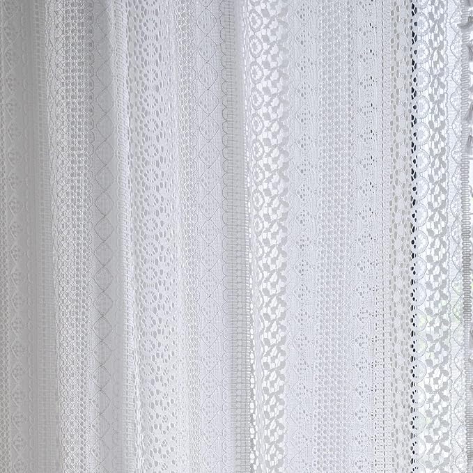 Sutuo Home White Boho Curtains Crochet Lace Semi-Sheer Bohemian Hollow Knitted Handmade Tassels, Rod Pocket Window Treatment Vintage Rustic Farmhouse Drapes for Glass Slide Door, 1 Panel 59" W x 90" L