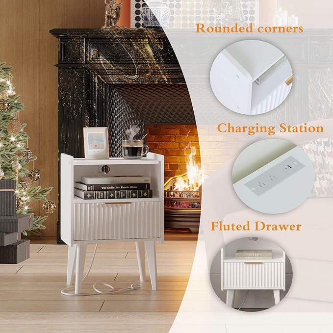 Fluted Nightstand with Charging Station, Modern Bedside Table with Drawer,White Nightstand with Solid Wood Legs, End Table,Side Table for Living Room,Bedroom White CTG57WE