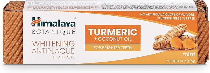 Himalaya Botanique Turmeric & Coconut Oil Whitening Antiplaque Herbal Toothpaste, Whitens Teeth, Fluoride Free, No Artificial Flavors, SLS Free, Vegan, Cruelty Free, Foaming, Mint Flavor, 4 Oz, 4 Pack