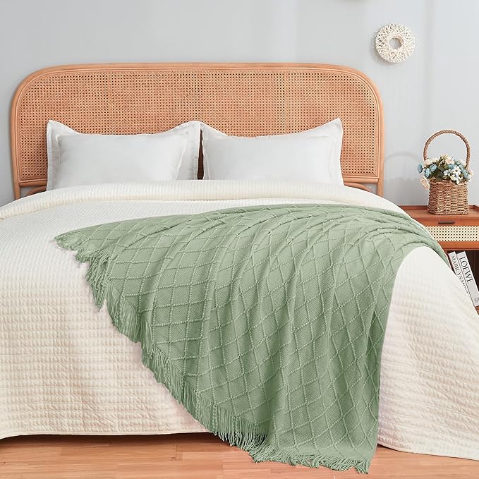 inhand Sage Green Throw Blanket for Couch, Soft Living Room Home Decor Knitted Blanket with Tassel, Outdoor Lightweight Breathable Summer Blanket, Farmhouse Warm Woven Decorative, 50"x60"