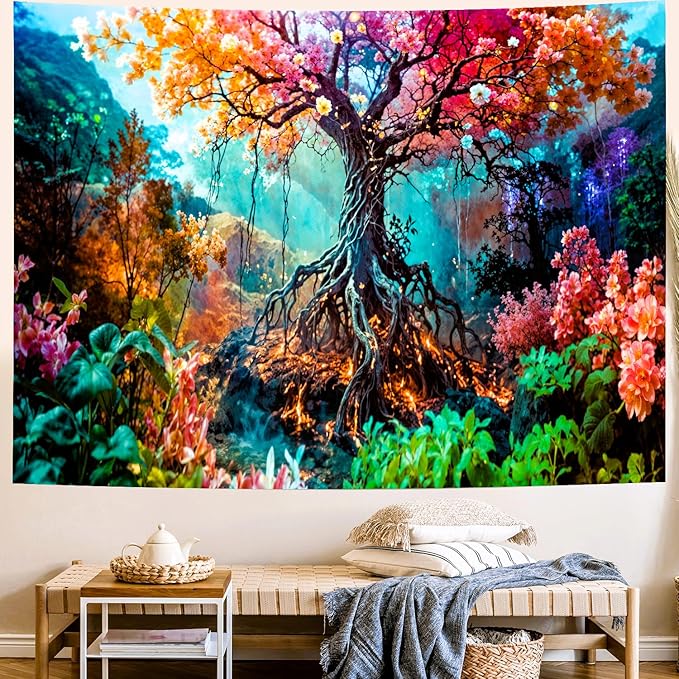 Delur Forest Tapestry Tree of Life Fantasy Tropical Rainforest Tapestry Wall Hanging Colorful Nature Mystical Landscape Psychedelic Spiritual Headboard for Bedroom Living Room Home Decor (51.2" x 59.1")