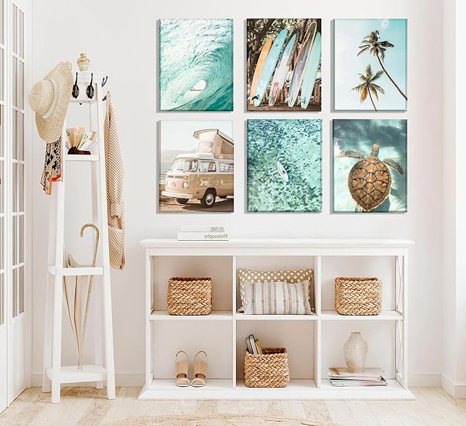 Set of 6 Tropical Beach Canvas Wall Art Surf Poster Summer Ocean Coastal Pictures Turtle Print Palm Tree Surfboard Gallery Paintings Nautical Bus Wall Decor for Bedroom Bathroom Framed