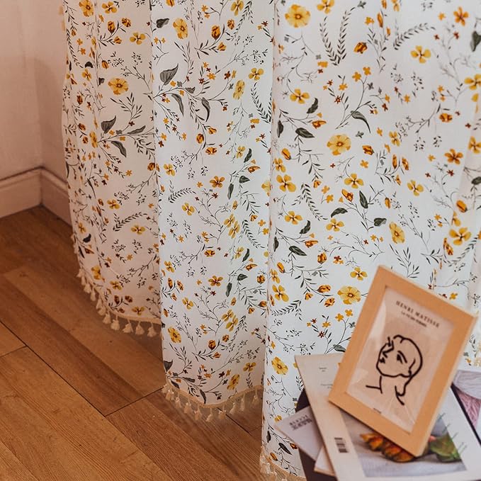 Sutuo Home Boho Curtain Semi-Blackout Yellow Florals Print Cotton Linen Fabric, Handmade Tassels Rod Pocket Bohemian Farmhouse Country Window Drapes for Living Bedroom, 59" W x 84" L, 1 Panel