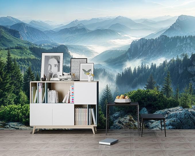 Misty Pine Forest Wallpaper Mountain Peaks Landscape Landscape Wall Mural (Not Peel and Stick)