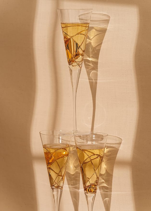 Victoria Barcelona Champagne Flute Set of 2 – 7.5 oz Mouth‑Blown Golden Luster Glass | Hand‑Painted with Real Gold Dust, Gaudí & Murano Inspired | Artistic Premium Gift Ideas for Her or Him