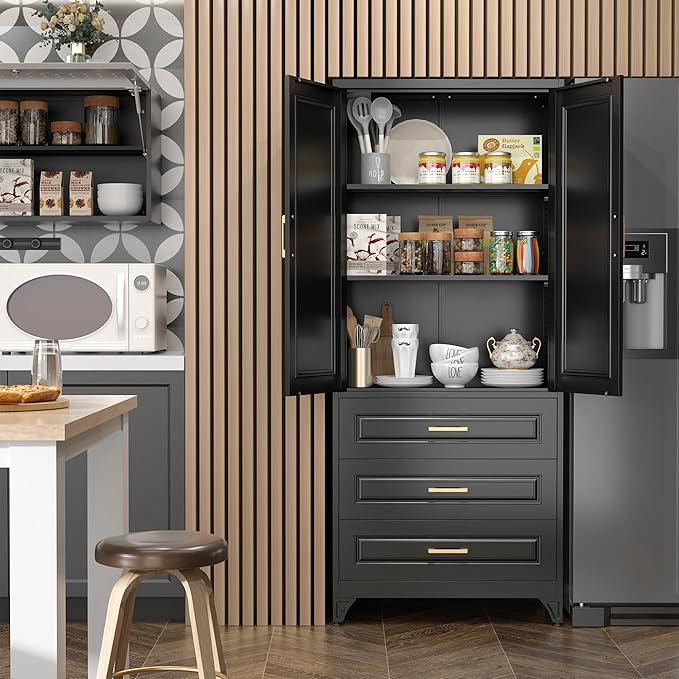 75" Kitchen Pantry Cabinet with 3 Drawers,Metal Storage Cabinets with Doors and 4 Adjustable Shelves,Black Kitchen Cabinet with 2 Gold Handles,Food Cupboard for Livingroom, Bathroom,Pantry