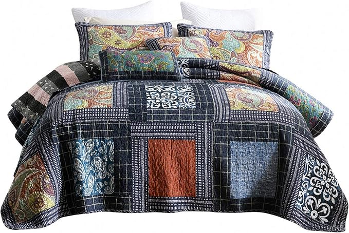 NEWLAKE Cotton Patchwork Bedspread, 3-Piece Bedding Quilt Set with Real Stitched Embroidery, Reversible Matelasse Bed Coverlet Set,Vintage Flowery Grid,King Size