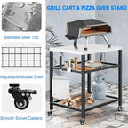 Stainless Steel Grill Cart with Cover Pizza Oven Stand with Water-Proof Cover Trolley Table with Wheels Three-Shelf Movable Food Prep and Work Cart Table Heavy Duty Grill Cart Outdoor 31.5"×24"×35.5"