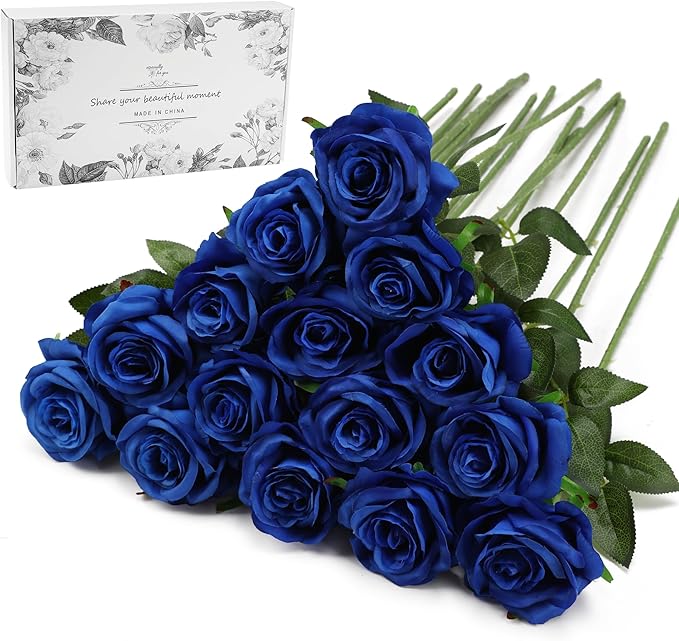 Blue Fake Roses Artificial Flowers - 16 Pcs Fake Artificial Roses Silk Flowers with Stems for Home Wedding Hotel Office Centerpiece Decor