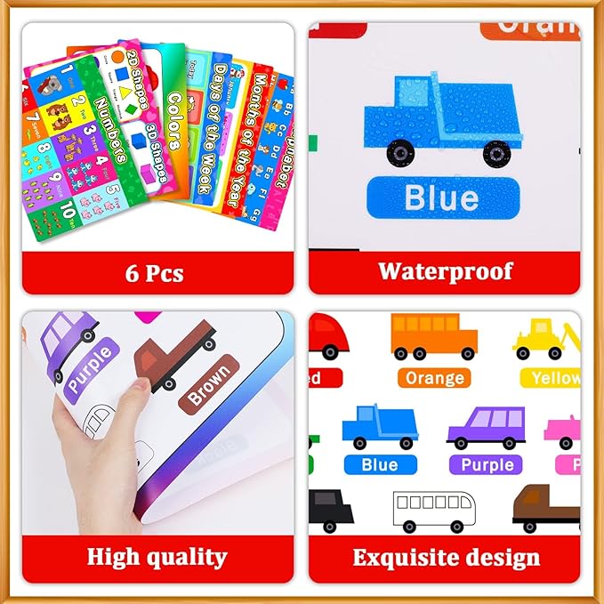 Educational Preschool Placemats for Kids Set of 6 Reusable Plastic Toddler Placemat Non Slip Washable Children Montessori Eat Table Mat for Nursery Homeschool Kindergarten Classroom Dining Table