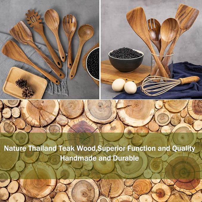 AIUHI 10 Pack Wooden Spoons for Cooking, Teak Wood Kitchen Utensils Set for Non Stick Use, Spatula Set for Stirring, Baking, Non Stick Wooden Utensils for Kitchen