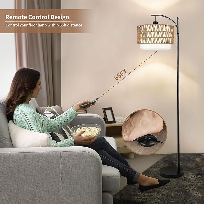 Arc Floor Lamp with Table and Shelves,Rattan Boho Floor Lamp with Remote Control,Rustic Floor Lamps for Bedroom Wicker Standing Lamp with 3 Color Temperature Tall Lamp for Living Room Corner