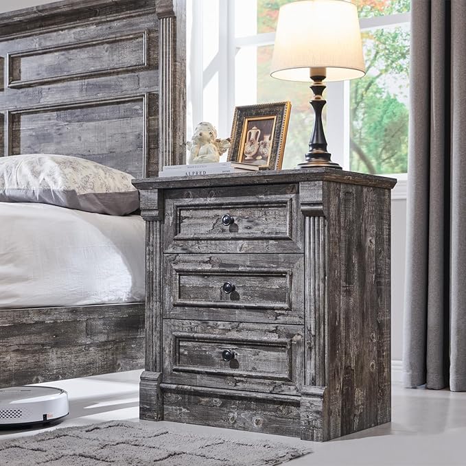 26" Tall Farmhouse Nightstand, 3 Drawers End Table w/Charging Station, 23.6" Wide Large Side Table w/Roman Column, Wood Rustic Sofa Table for Bedroom, Light Gray
