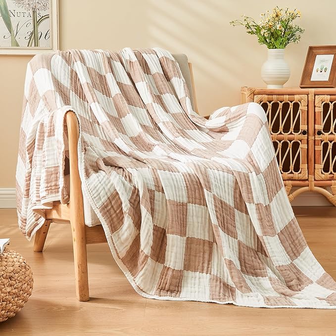 EMME Checkered Cotton Blanket Queen Size for Bed Soft Large Muslin Bed Blankets 80"x90" Lightweight Breathable Cooling All Season Gauze, Light Tan
