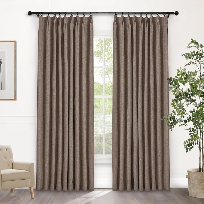 Macochico Pinch Pleated 100% Blackout Curtains Light Brown Linen Curtains for Bedroom Living Room Farmhouse Thermal Insulated Window Panels Pleated Curtains with Hooks and Tieback 52”Wx72”L 1 Panel