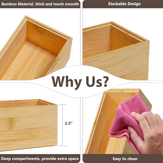 Kitchen Drawer Organizer Bins, Stackable Bamboo Deep Drawer Organizer for Silverware, Utensils, Cutlery, Flatware, Junk Drawer, Dresser, Bathroom, 9" x 3" x 2.5" (Set of 2)