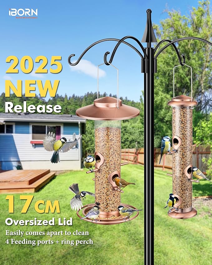 iBorn Bird Feeders for Outdoors, 2LB Metal Bird Feeders 17cm Large Roof &Tray, 4 Feeding Ports, Brushed Copper Finishing