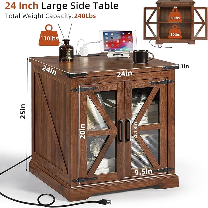 24" End Table with Charging Station, Farmhouse Night Stand with Glass Barn Door, Green Nightstands with Adjustable Storage Shelf, Large Wood Square Bed Side Table for Living Room, Bedroom