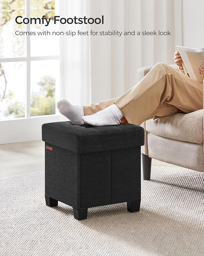 SONGMICS Storage Ottoman, Small Ottoman Foot Rest with Legs, 15 x 15 x 15.7 Inches Foot Stool, Load up to 660 lb, for Living Room, Bedroom, Dorm, Ink Black ULSF014B01