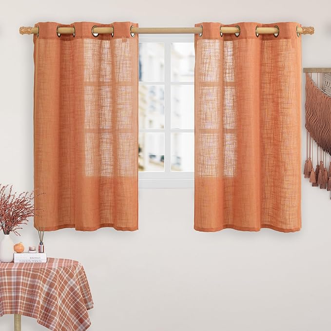 LAMIT Orange Linen Curtains 54 Inch Length, Semi Sheer Light Filtering Panels Bronze Grommet Rust Country Decor Drapes for Bedroom/Living Room, Burnt Orange, 2 Panels, 34 x 54 Inch