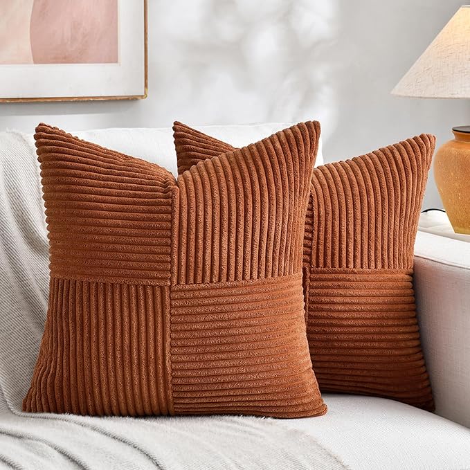 Fancy Homi 2 Packs Rust Decorative Throw Pillow Covers 22x22 Inch for Living Room Couch Bed, Rustic Farmhouse Boho Home Decor, Soft Corss Corduroy Patchwork Terracotta Square Cushion Case 55x55 cm