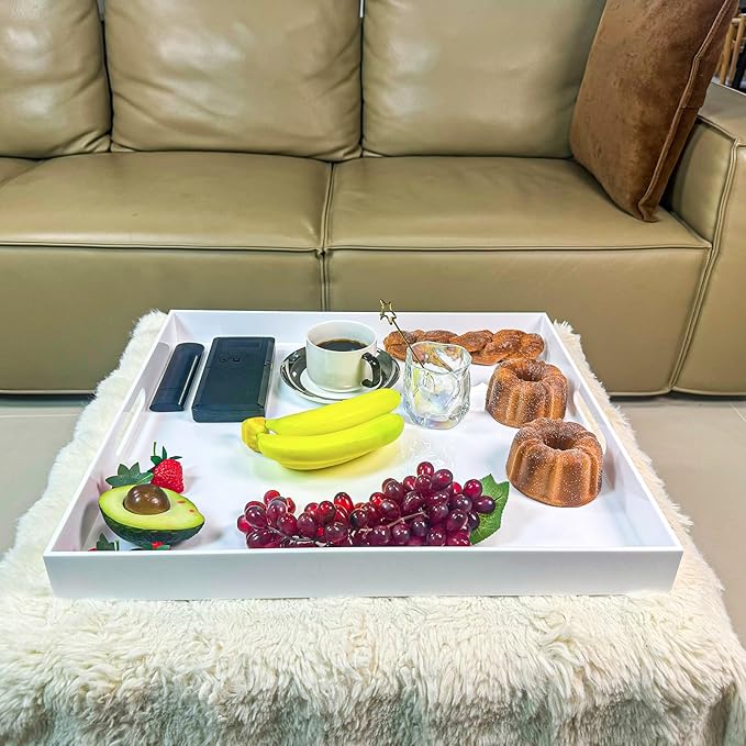 White Rectangular 18x20 Inches Acrylic Ottoman Tray Decorative Serving Tray with Cutout Handles Organizer Tray on Coffee Table Countertop Big Breakfast Bed Tray Living Room Appetizer Serving Food