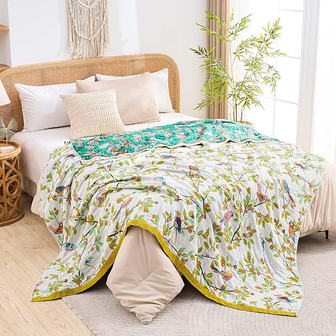 Boho Throw Blanket for Bed, 100% Cotton Soft Rustic Quilt Fall Blanket, 60"x80" Floral Printed Farmhouse Decor Bed Blankets, All Season Rustic Reversible Bohemian Throw Quilt