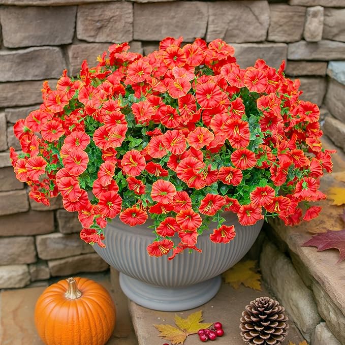 Artificial Fall Flowers Fake Plants for Outdoors Autumn Decoration, 12 Bundles Orange Silk Morning Glory with Eucalyptus Look Real UV Resistant Faux Flowers for Outside Planters Front Door Yard Indoor