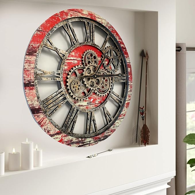 The Gears Clock The Original Real Moving Gear Wall Clock Vintage Industrial Oversized Rustic Farmhouse (24 inch (60cm),Red Lava)