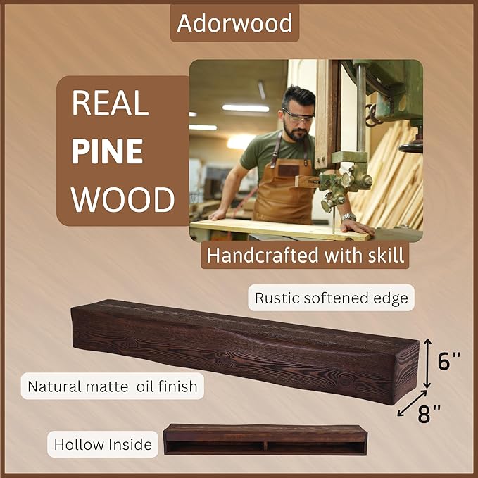 Handmade Fireplace Mantel Shelf 48", Extra Wide Rustic Wood Mantles for Over Fireplace, Wall Mounted Floating Mantel Shelves for Living Room Decor (Dark Walnut, 48Lx6Hx8D)