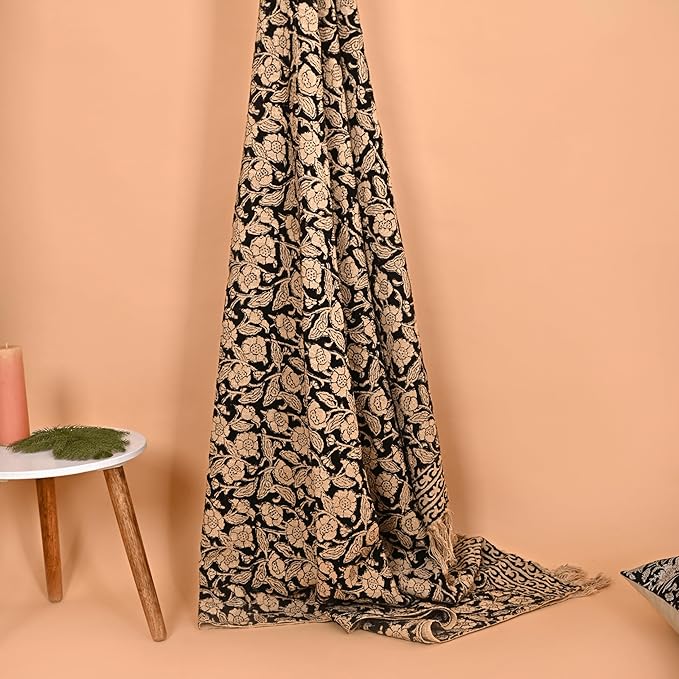 Handmade Cotton Throw Blanket, Floral Block Print, Black and Beige Wrap, 47x71 inches Decorative Woven Throw with Tassels