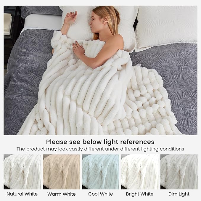 Cozy Bliss Faux Fur Throw Blanket for Couch, Cozy Warm Plush Striped Blanket for Sofa Bedroom Living Room, 60 * 80 Inches Cream White