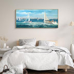 XLSJERST Large Blue Canvas Wall Art Seascape Painting - Landscape Picture Textured Navy Modern Sailboat Ocean Artwork Framed for Living Room Bedroom Bathroom Home Office Wall Decor Large Size 70"x31"