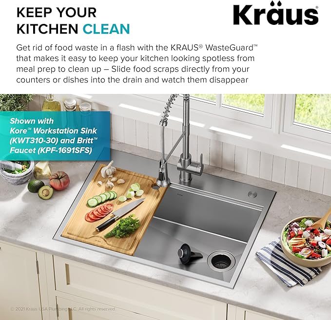 KRAUS WasteGuard 3/4 HP Ultra-Quiet Garbage Disposal with Quick Connect, Kitchen Sink Drain Cover, Power Cord and Flange Included, KWD100-75MBL