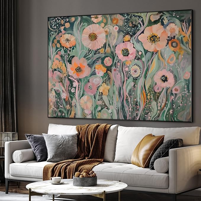 SIGNWIN 46"x60" Extra Large Framed Wall Art Whimsical Garden Bloom, Colorful Abstract Floral for Home Living Room Bedroom Decor (Frame Assembly Required)