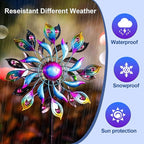 360°Peacock Solar Wind Spinner with Lights Blue Metal Garden Outdoor Decor Yard Lawn Art Decor for Patio Kinetic Windmills Unique Gifts for Friends and Family 51.9' H x 12.2'' Dia