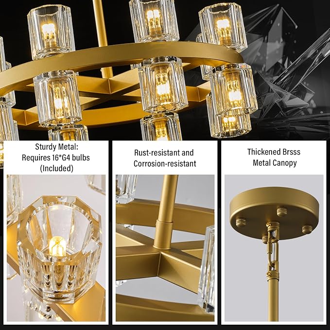 Gold Chandelier Light Fixture Kitchen and Dining, 16-Lights Modern Chandeliers for Dining Room, 18" Farmhouse Kitchen Pendant Lights Over Table, Crystal Wagon Wheel Chandelier(Bulbs Included)