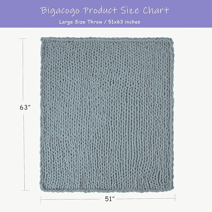 Bigacogo Chunky Knit Throw Blanket for Couch, 51x63 inches, 100% Hand Knitted with Thick Jumbo Chenille Yarn, Cozy Soft Large Rope Knot Cable Crochet Blankets for Sofa Bed Living Room, Dusty Blue