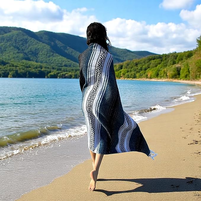Traditional Handwoven Mexican Blanket, Large Falsa Serape - Soft & Durable - Vibrant Beach, Picnic, Yoga & Camping Mat - Lightweight Boho Throw 70"x50" (Onyx)