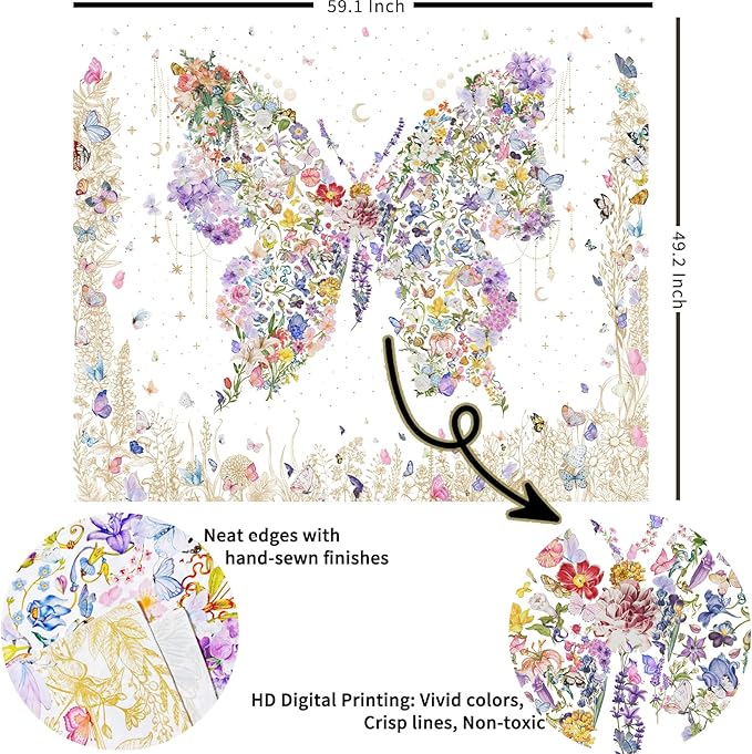 Damanse Butterfly Tapestry Wall Hanging Cute,Boho Wall Tapestry for Bedroom Aesthetic,Flower Living Room Decor for Teen Girls (White, 49.20" x 59.10")