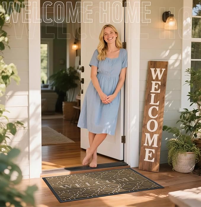 Yimobra Welcome Mat Outdoor Indoor, All-Season Waterproof Front Door Mat Outside Entrance, All-Weather Heavy Duty Non-Slip Doormat, Low Profile Porch Patio Entrance Mats, 36x24, Coffee
