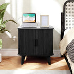 Farmhouse Square End Table with Charging Station, 24" Large Fluted Sofa Side Table with Sliding Tambour Door and Storage, Rustic Curved Wood Nightstand for Living Room, Bedroom, Black
