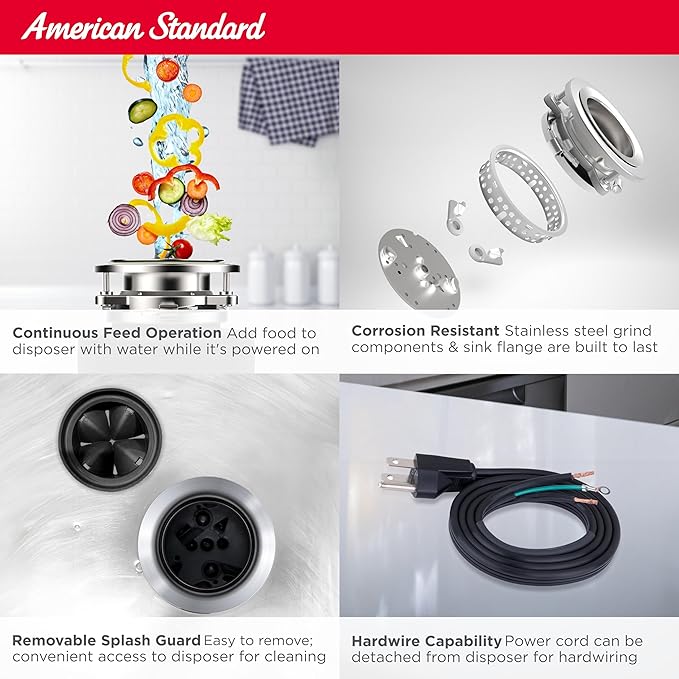 American Standard 10-US-AS-7-SL Garbage Disposal Anti-Jam Stainless Steel Food Waste Grinding System, Slim Line, 3/4 HP, Black