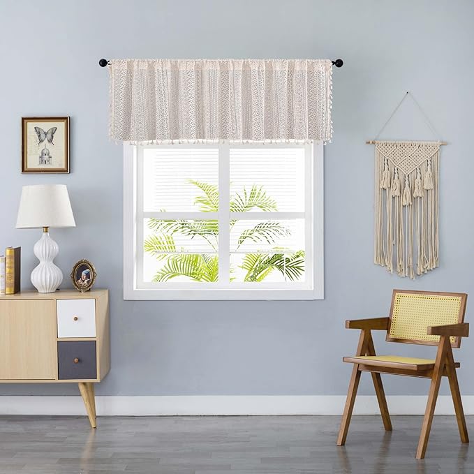 Sutuo Home Boho Sheer Curtain Valance Crochet Lace with Bohemian Hollow Knitted Handmade Tassels, Short Farmhouse Window Treatment for Kitchen Cafe, Rod Pocket, 1 Panel 59" W x 18" L, Beige