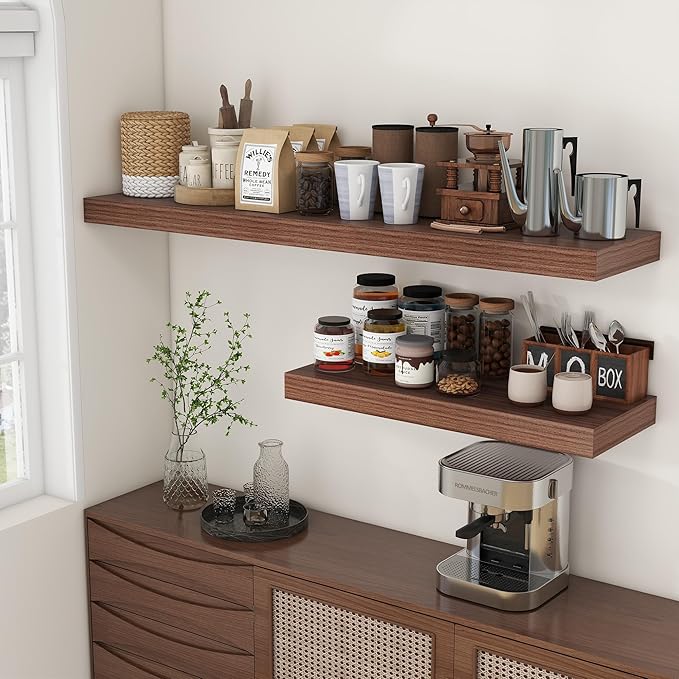 Deep Floating Shelves for Wall - 55 Inch Wide x 12 Inch Deep Wall Shelves Set of 1 - Rustic Walnut Color Wood Shelves for Living Room, Bathroom, Laundry Room, Bedroom, Kitchen, Home Office