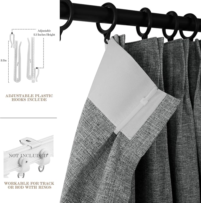 100" W x 84" L Faux Linen Room Divider Curtains, Full Blackout Pinch Pleated Drapes for Traverse Rod, Bedroom Divider Privacy Drapery with Hooks for Ceiling Track, 1 Panel, Mid Grey